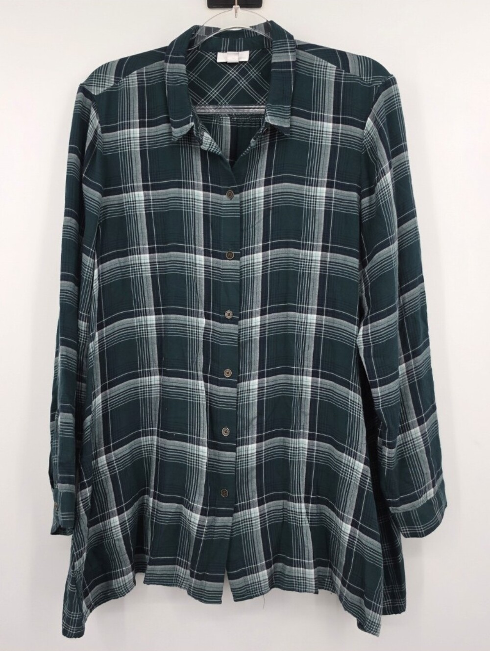 J. Jill Mixed Plaid Double Cloth Tunic Shirt Large Petite Green Pockets Button